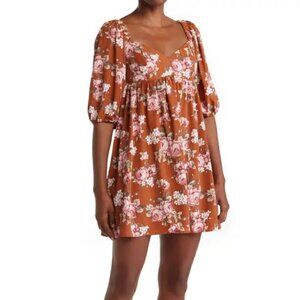 Wayf Floral Puff Sleeve Babydoll Mini Dress Orange Size XS NWOT